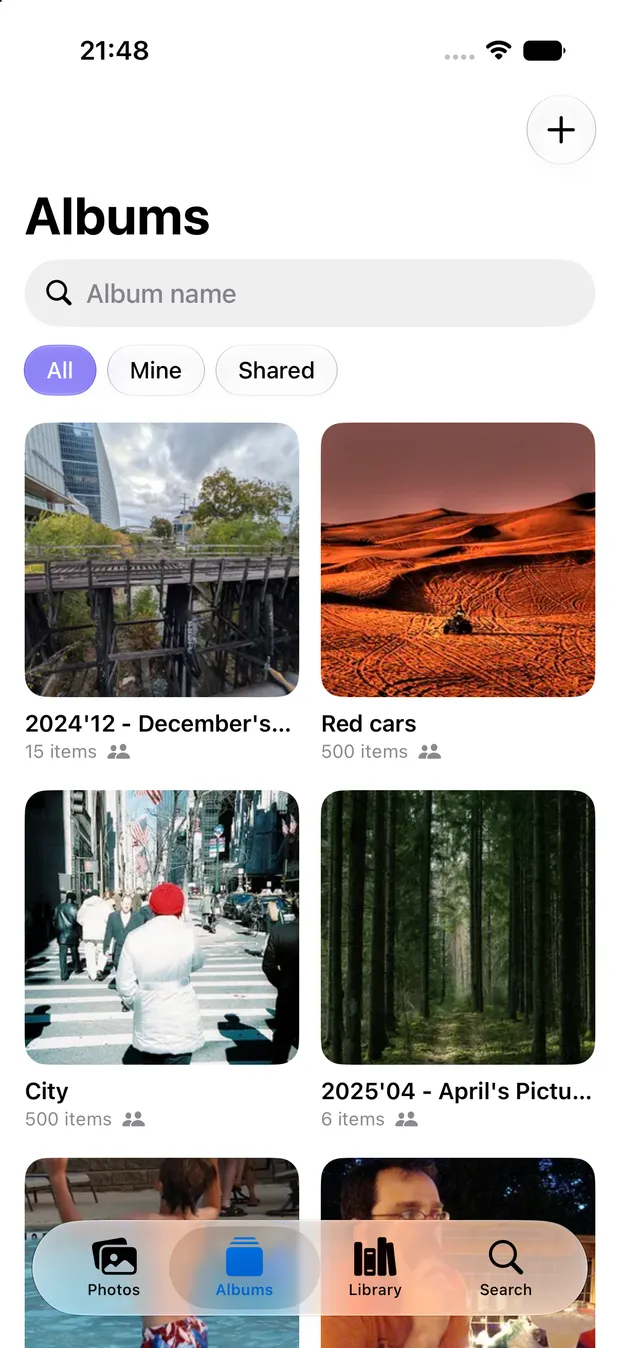Imora's Albums screen on an iPhone, with search, filters and shared albums